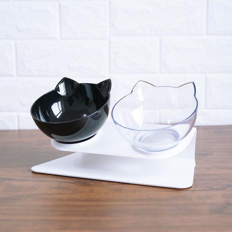 "Non-Slip Double Cat Bowl with Raised Stand - Pet Food Feeder, Protects Cervical Vertebrae, Transparent Dog Bowl"