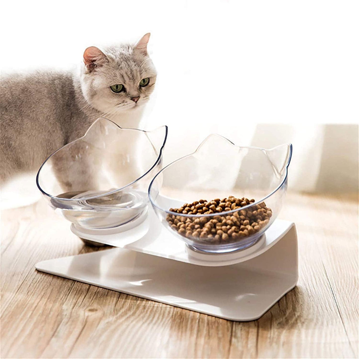 "Non-Slip Double Cat Bowl with Raised Stand - Pet Food Feeder, Protects Cervical Vertebrae, Transparent Dog Bowl"