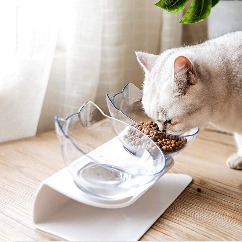 "Non-Slip Double Cat Bowl with Raised Stand - Pet Food Feeder, Protects Cervical Vertebrae, Transparent Dog Bowl"
