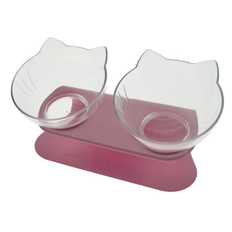 "Non-Slip Double Cat Bowl with Raised Stand - Pet Food Feeder, Protects Cervical Vertebrae, Transparent Dog Bowl"