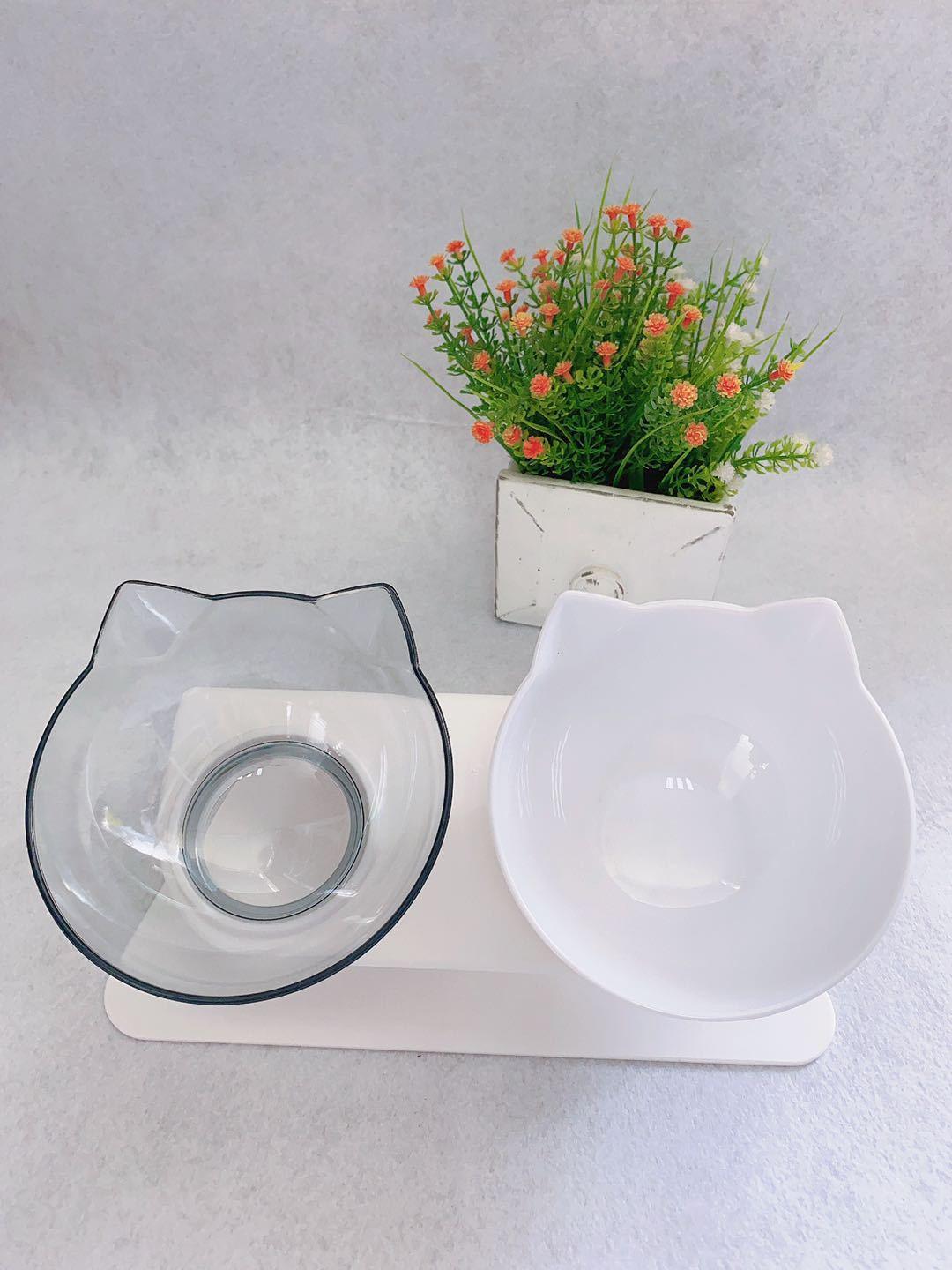 "Non-Slip Double Cat Bowl with Raised Stand - Pet Food Feeder, Protects Cervical Vertebrae, Transparent Dog Bowl"