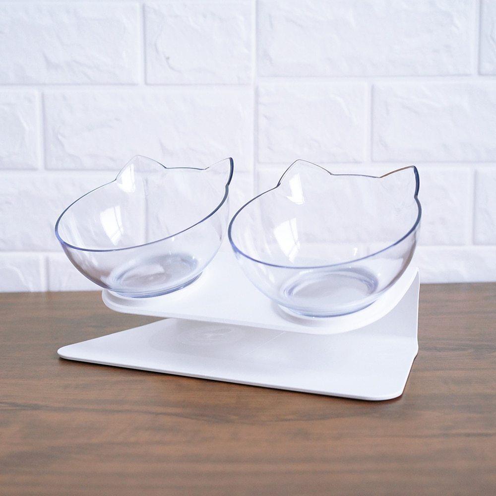 "Non-Slip Double Cat Bowl with Raised Stand - Pet Food Feeder, Protects Cervical Vertebrae, Transparent Dog Bowl"