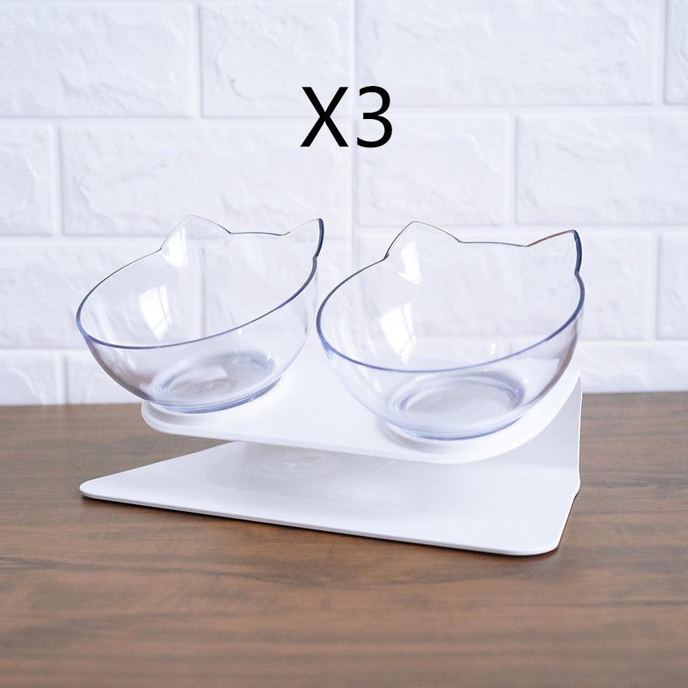 "Non-Slip Double Cat Bowl with Raised Stand - Pet Food Feeder, Protects Cervical Vertebrae, Transparent Dog Bowl"